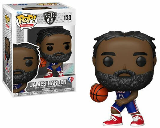 James Harden Funko Pop figurine in blue and red NBA Nets uniform holding a basketball