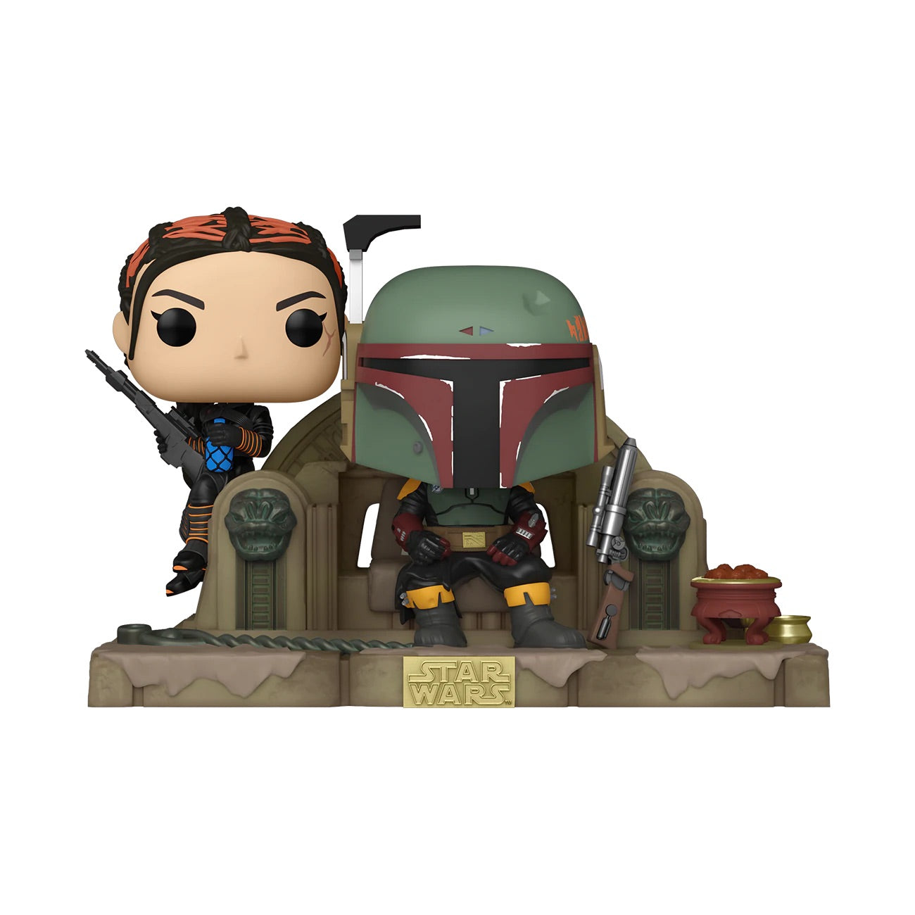 Funko Pop Star Wars Boba Fett and Fennec collectible on themed throne display base