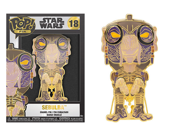 Gold and purple metallic C-3PO Funko Pop pin featuring Star Wars branding and Sebulba Funko