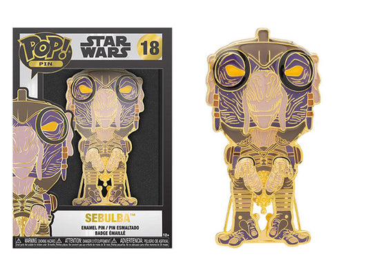 Gold and purple metallic C-3PO Funko Pop pin featuring Star Wars branding and Sebulba Funko