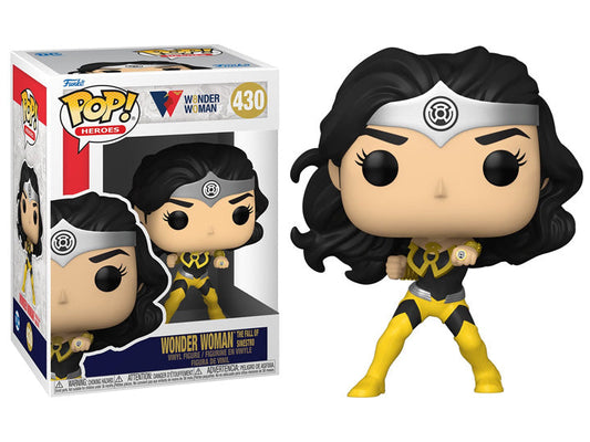 Funko Pop Wonder Woman figure in yellow and black costume with Reign of the Supermen logo