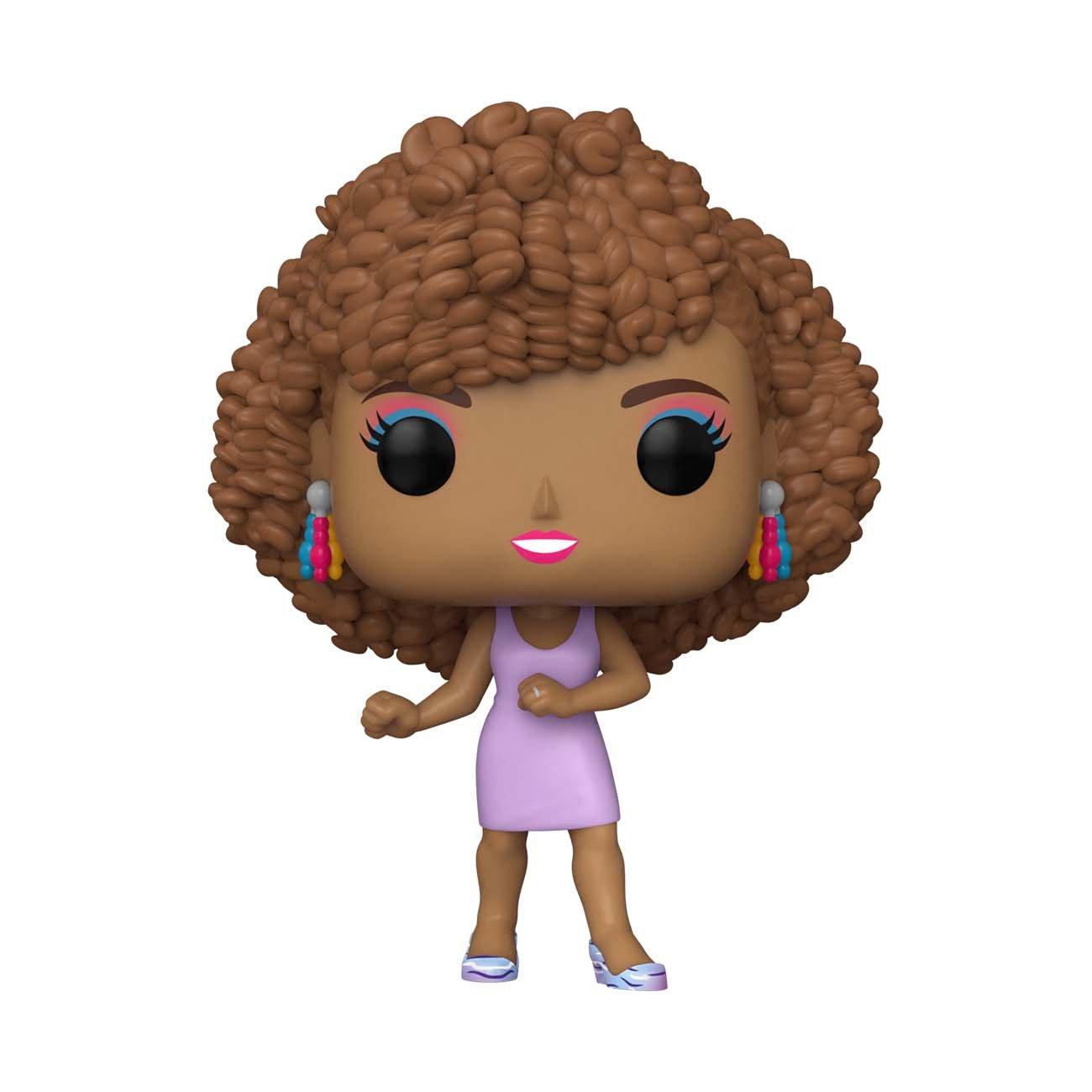 Whitney Houston Funko Pop in a purple dress with a stylish afro and colorful earrings