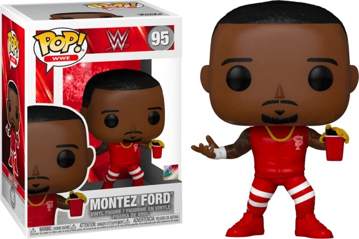 Montez Ford Funko Pop WWE figure #95 in red wrestling outfit with white stripes