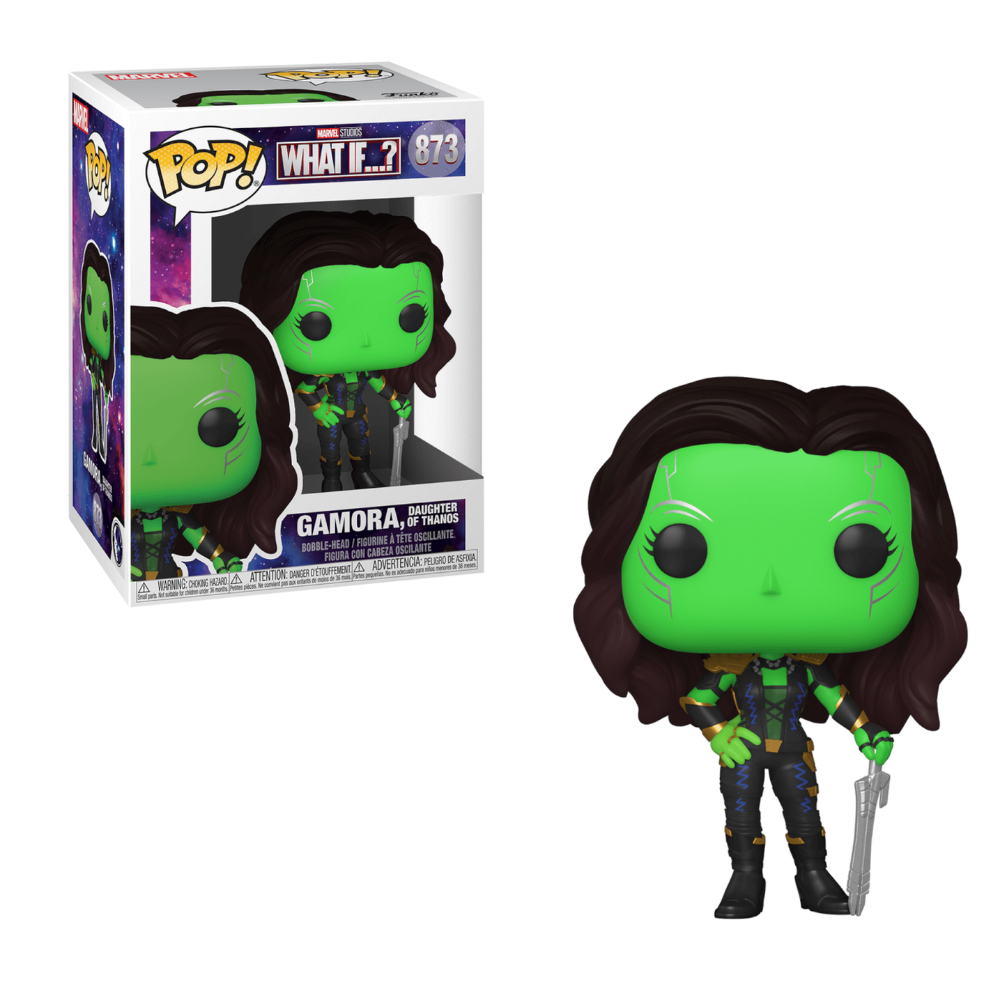 Funko Pop Gamora figure with green skin and weapon from Marvel’s What If...? series