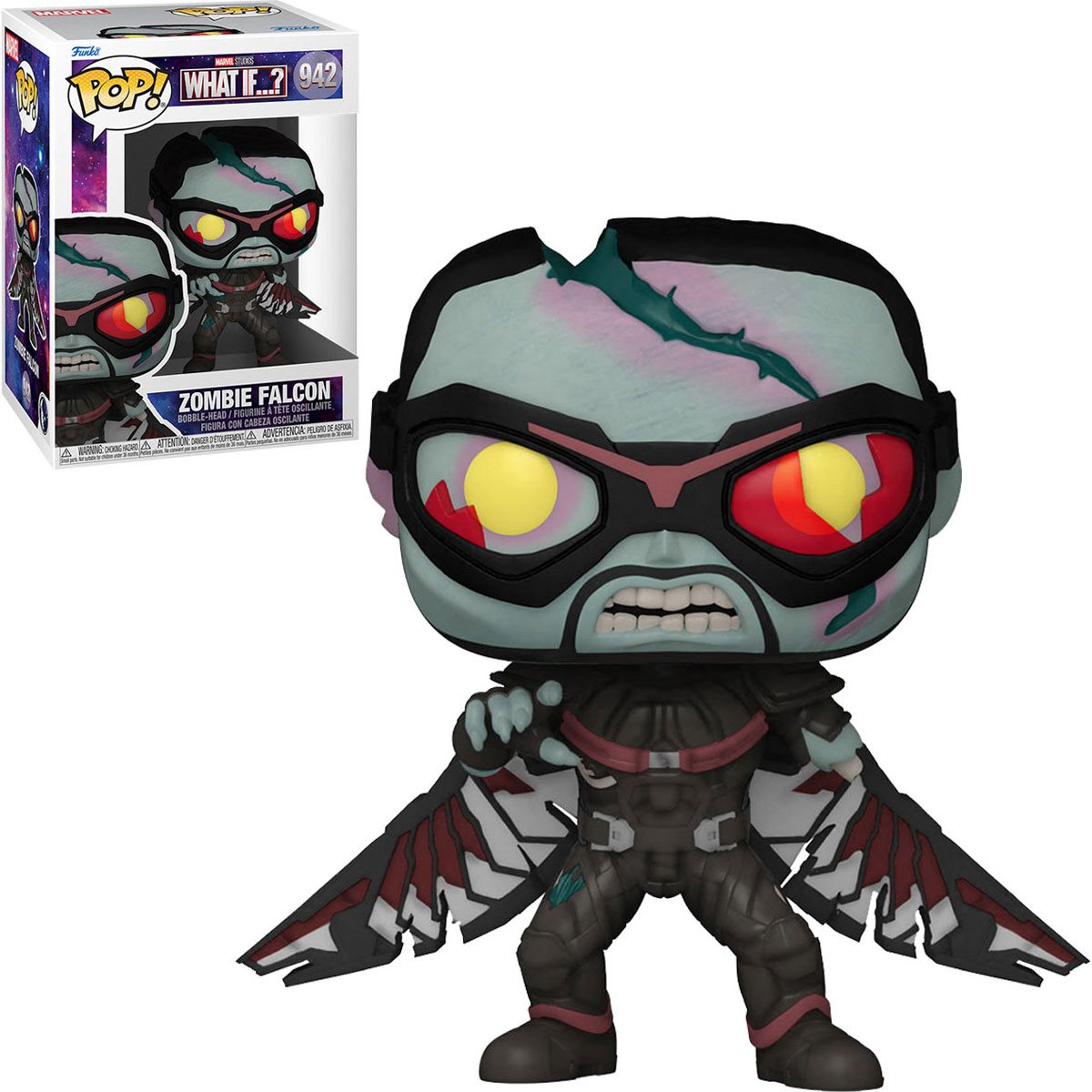 Zombie Falcon Pop! vinyl figure in battle pose with glowing red eyes and gray skin