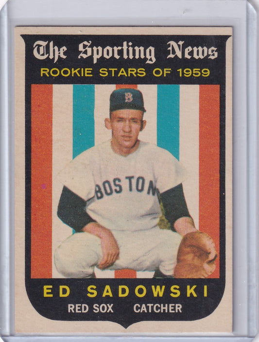 Baseball card of 1959 Topps Baseball Ed Sadowski, Boston Red Sox rookie catcher