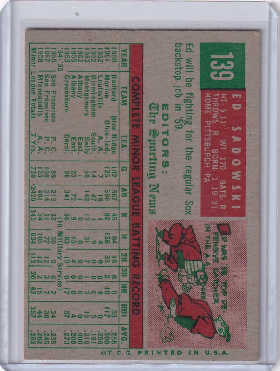 Vintage Topps Baseball card of Ed Sadowski, featuring Boston Red Sox player stats