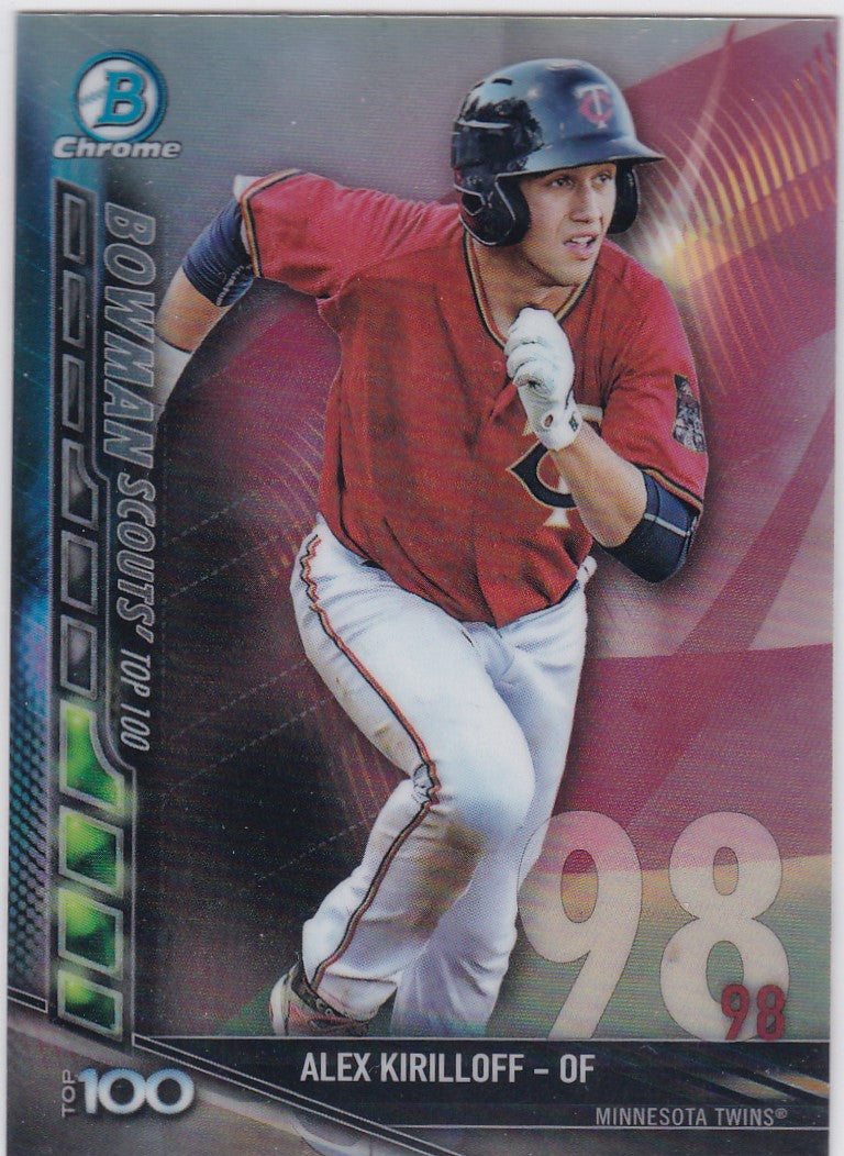 Baseball trading card of Alex Kirilloff swinging in red uniform for Minnesota Twins Bowman Chrome