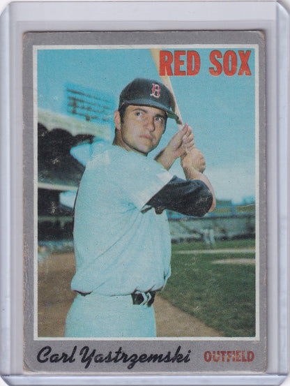 Baseball card of Carl Yastrzemski in batting stance for Topps Baseball Boston Red Sox