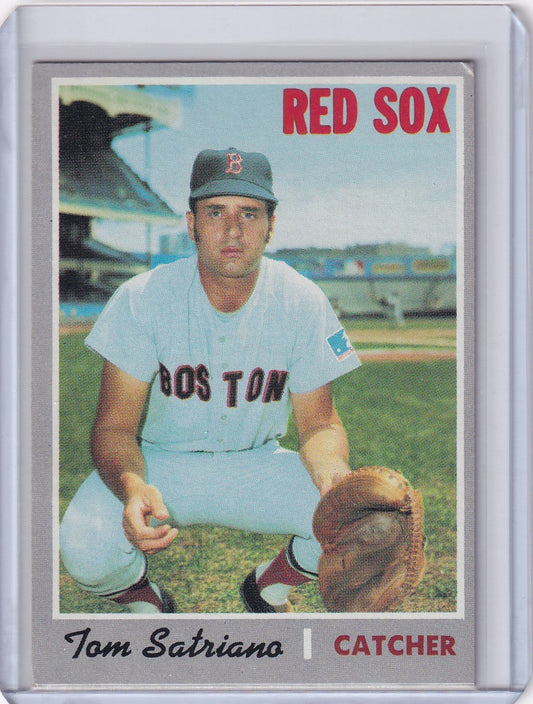 Baseball card of Tom Satriano crouched for Topps Baseball with Boston Red Sox