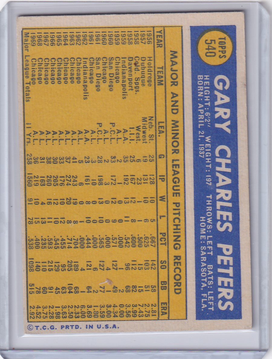 1970 Topps Baseball #540 Gary Peters card with player stats on yellow background