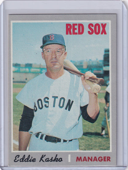 Baseball card of Eddie Kasko, Boston Red Sox manager in uniform with bat, Topps Baseball