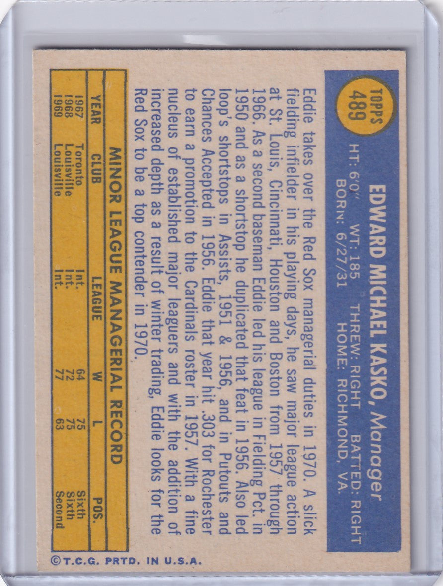 1970 Topps Baseball card of Eddie Kasko showcasing Boston Red Sox statistics and info