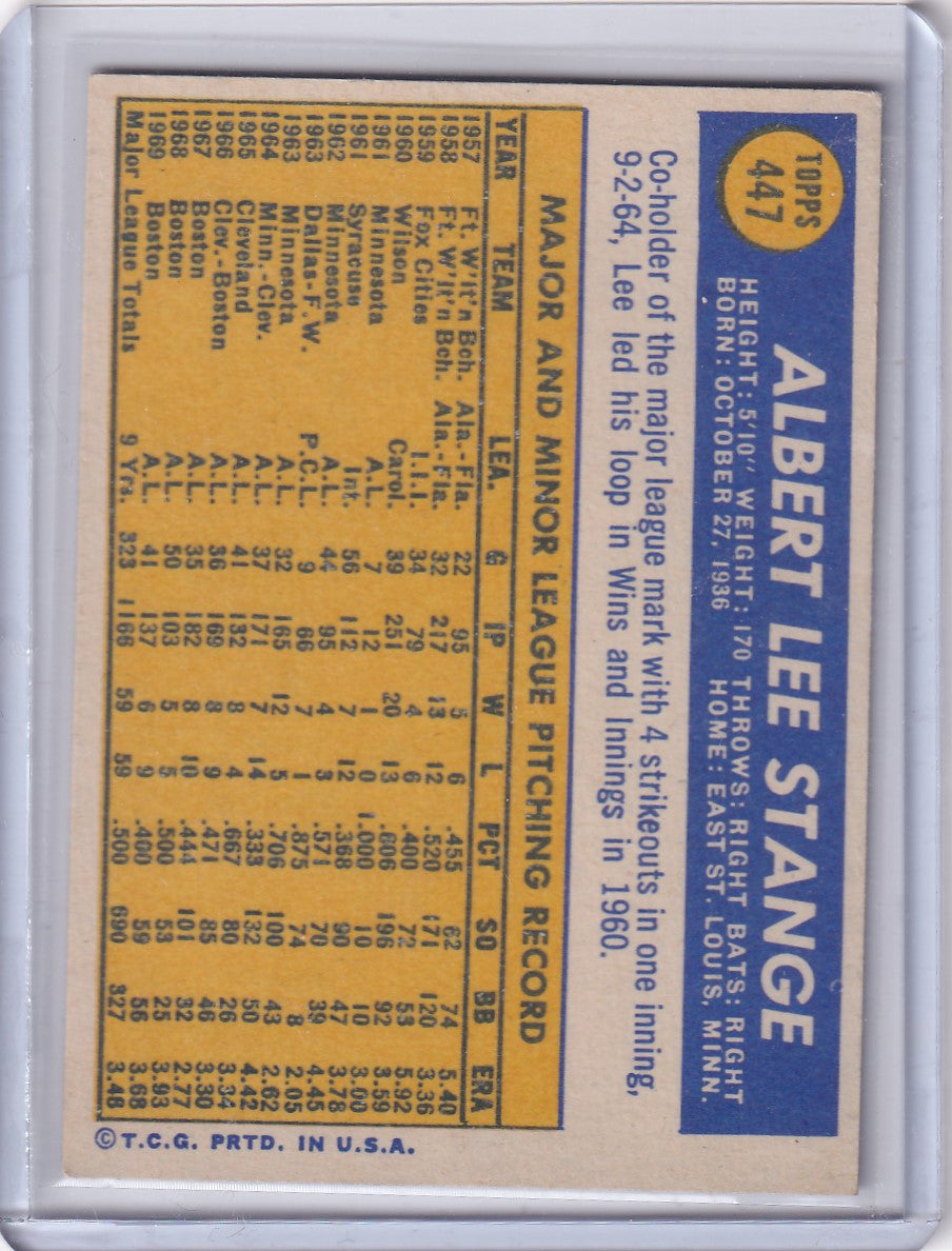 Baseball card of Lee Stange with stats from 1970 Topps Baseball, Boston Red Sox