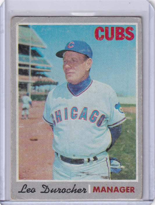 Baseball card of Leo Durocher in uniform for Topps Baseball, Chicago Cubs manager