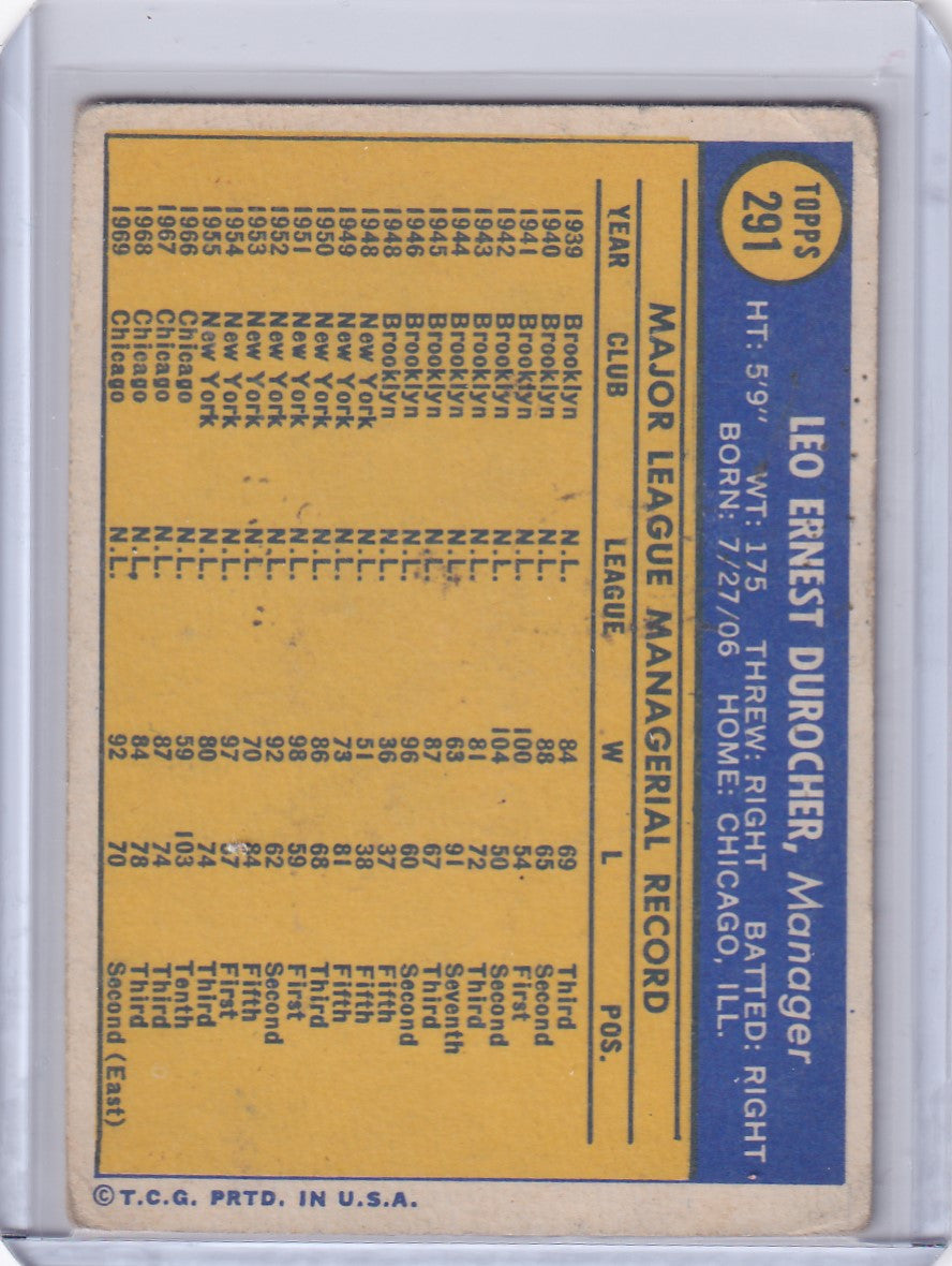 1970 Topps Baseball card of Leo Durocher featuring Chicago Cubs player stats on yellow background