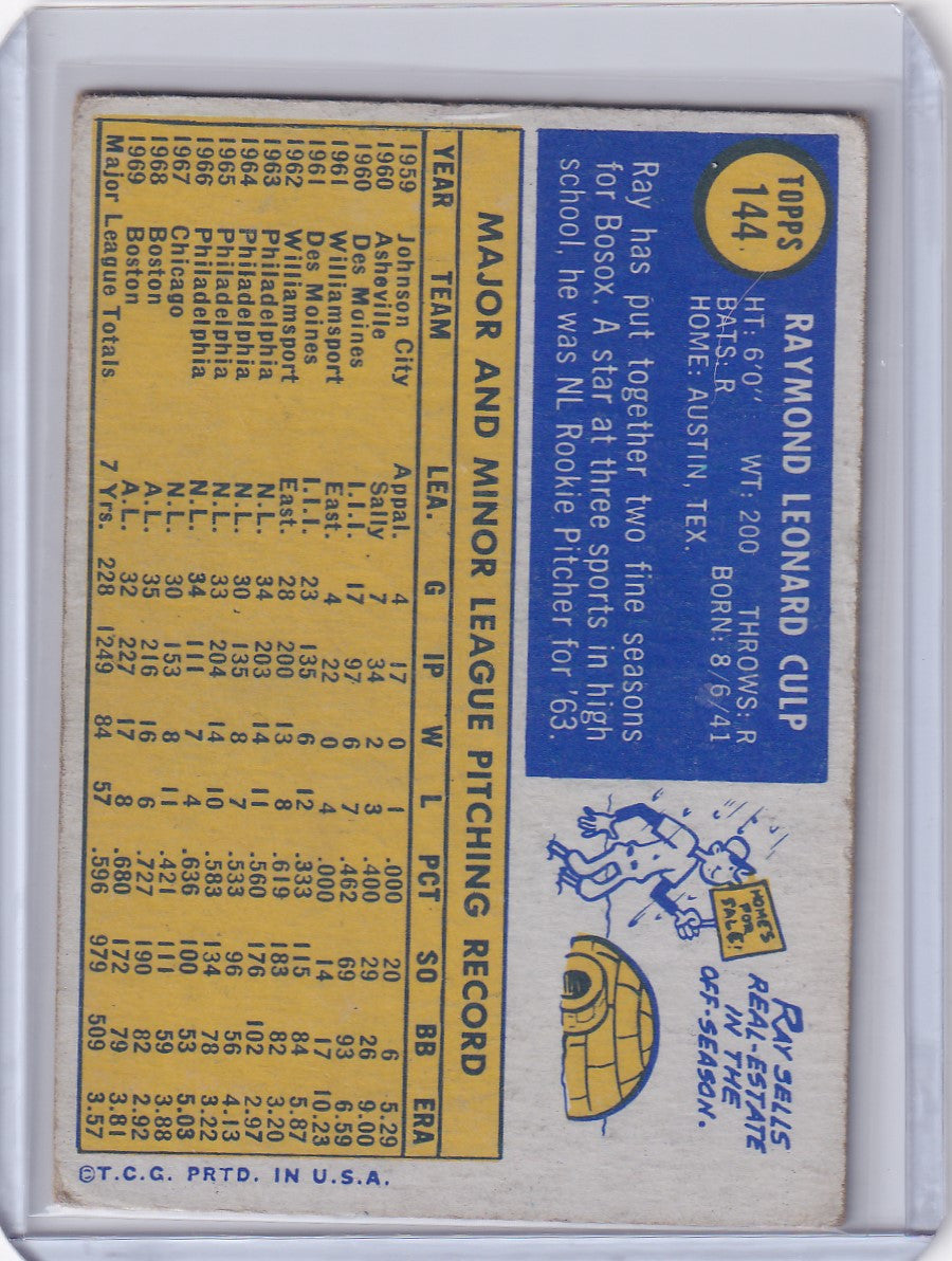 Vintage Topps Baseball card of Ray Culp showcasing Boston Red Sox stats and info