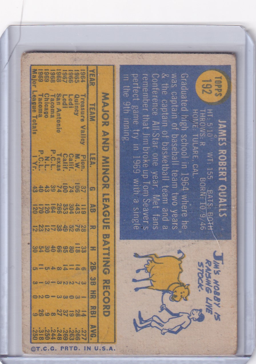 Vintage 1970 Topps Baseball card of Jim Qualls showcasing Chicago Cubs player stats