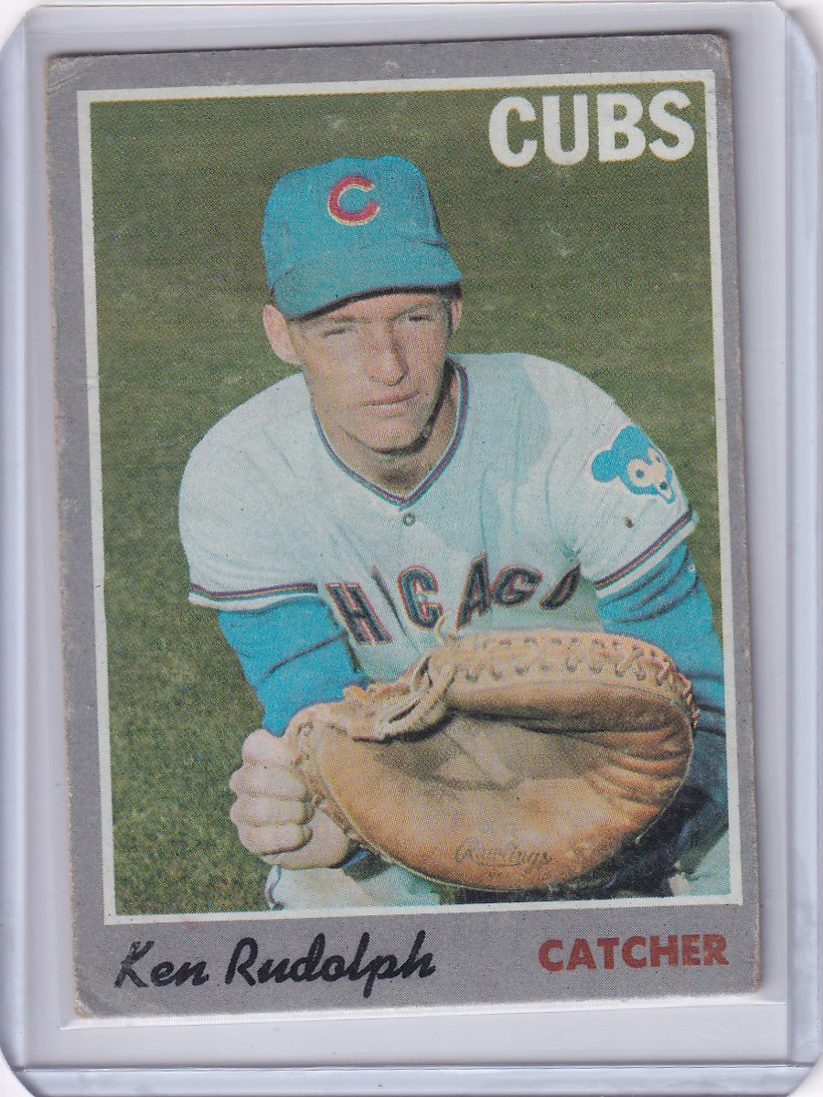 Baseball card of Ken Rudolph, Chicago Cubs catcher in teal cap, Topps Baseball