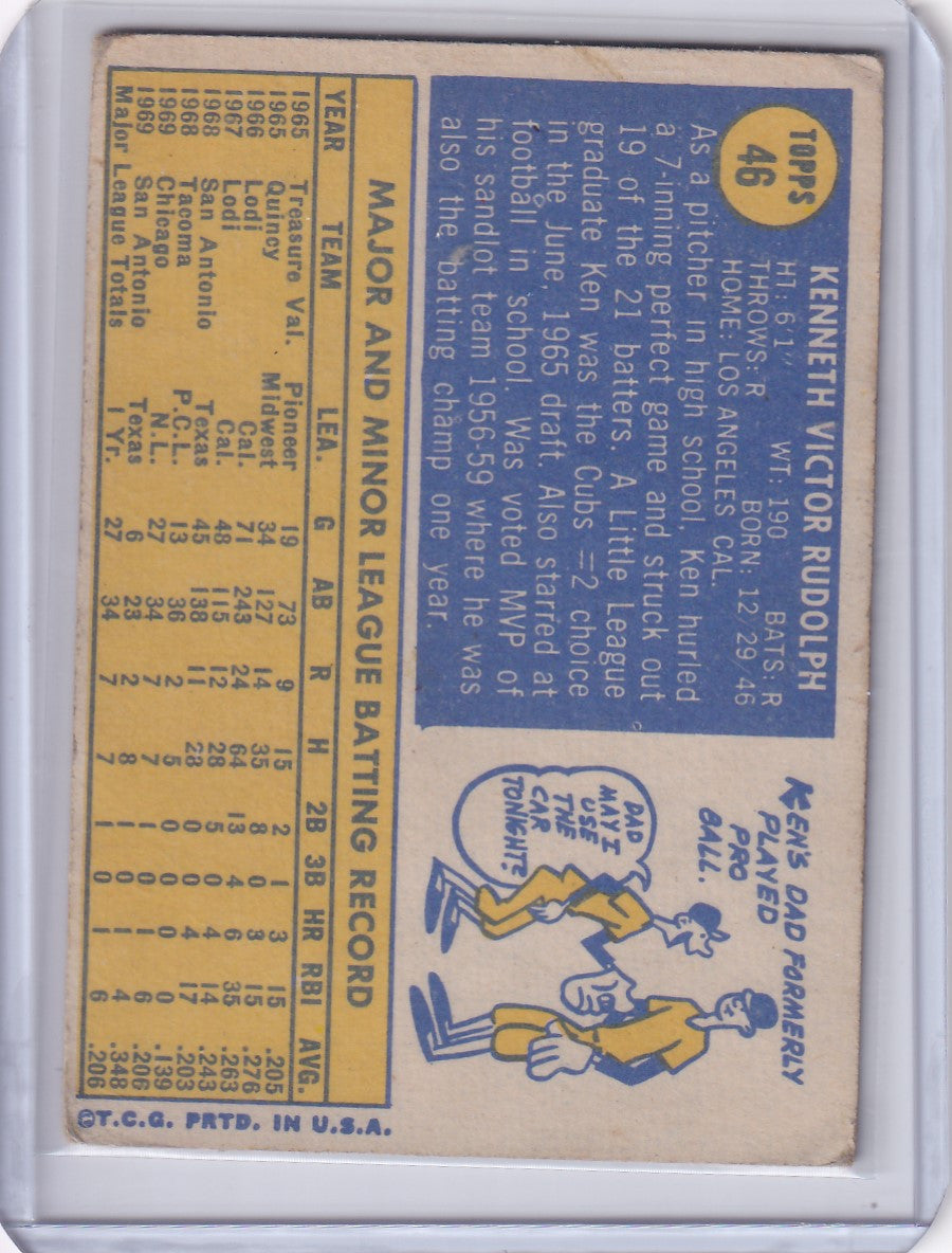 Vintage Topps Baseball card of Ken Rudolph showcasing Chicago Cubs player stats and art