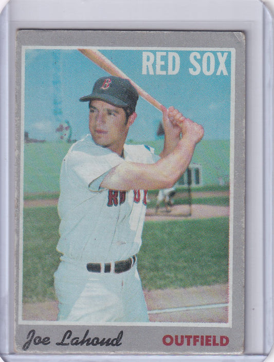 Vintage Topps Baseball card of Joe Lahoud in batting stance, Boston Red Sox outfielder