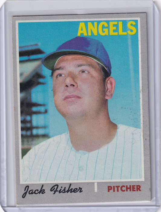 Vintage Topps Baseball card of Jack Fisher, pitcher for California Angels, in white uniform