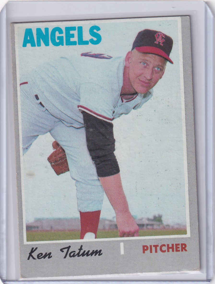 Vintage Topps Baseball card of Ken Tatum in California Angels uniform follow-through pose