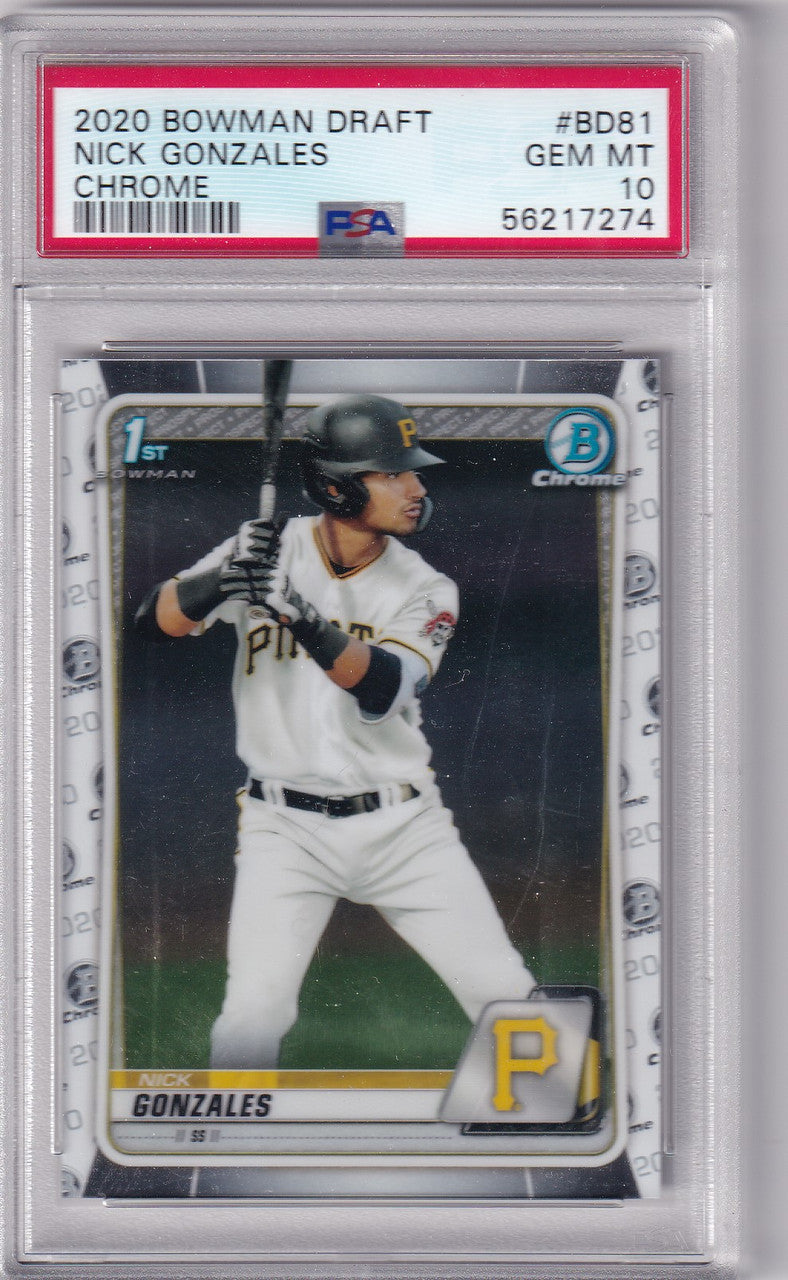 Graded Nick Gonzales 2020 Bowman Draft Chrome baseball card in protective case