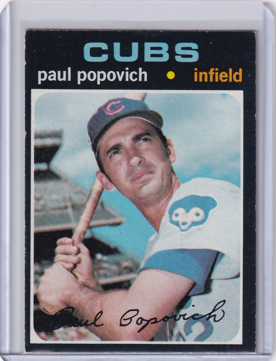 Baseball card of Paul Popovich, Chicago Cubs infielder in batting pose, Topps Baseball