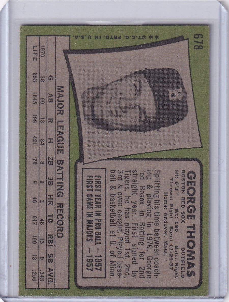 Vintage Topps Baseball card of George Thomas in a Boston Red Sox cap