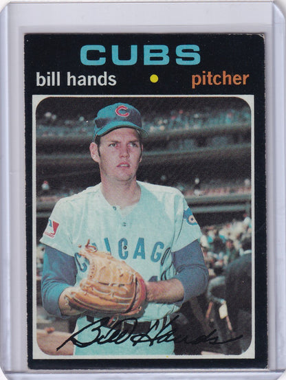 1971 Topps Baseball card of Bill Hands, Chicago Cubs pitcher in light blue uniform