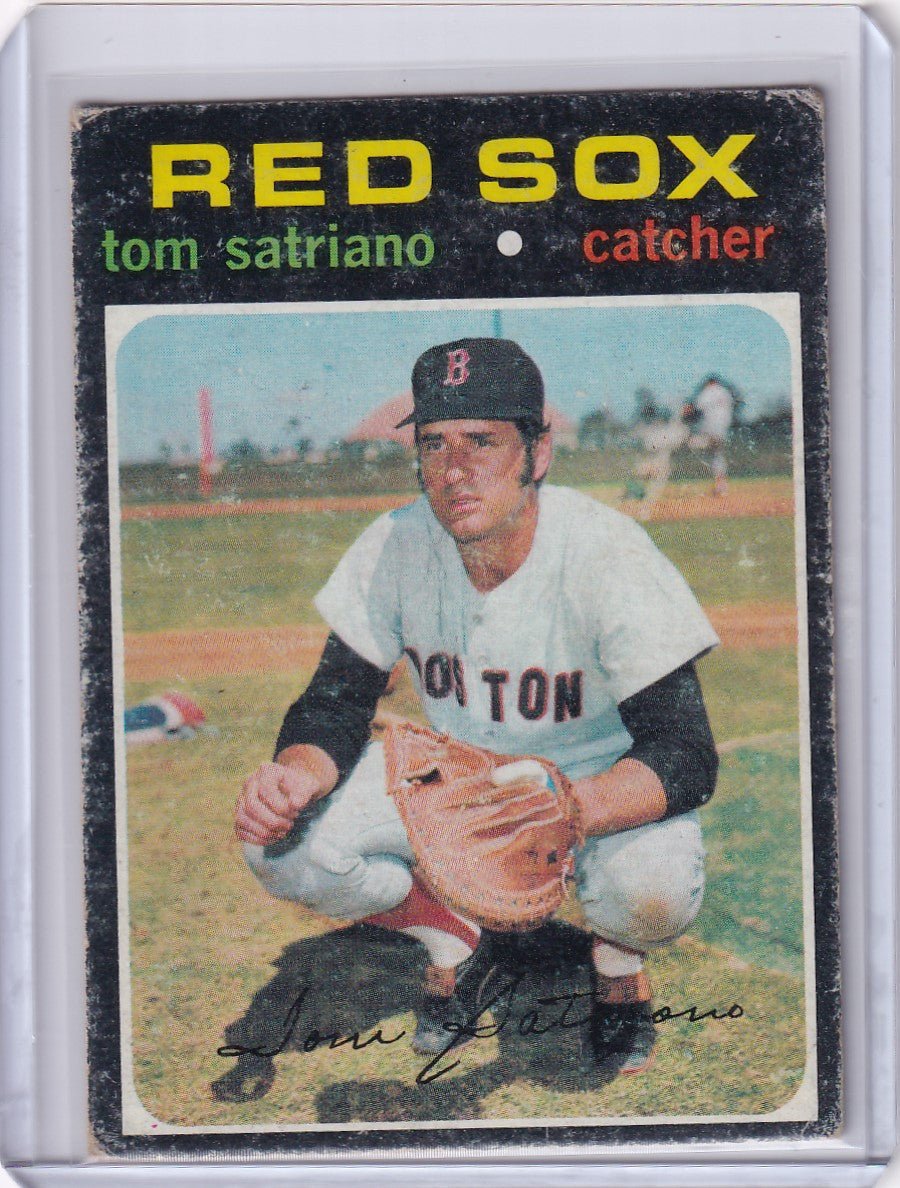 Vintage Topps Baseball card of Tom Satriano, Boston Red Sox catcher in crouching pose