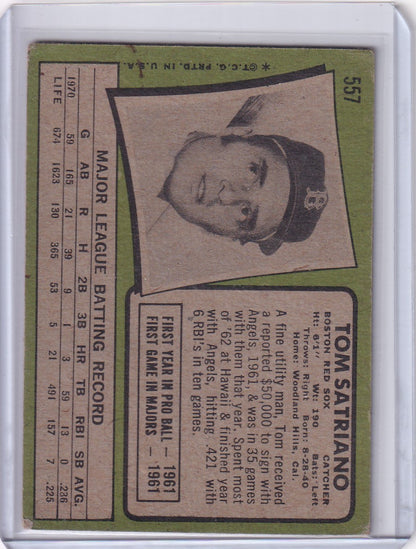 Vintage Topps Baseball card of Tom Satriano from the Boston Red Sox in black and white