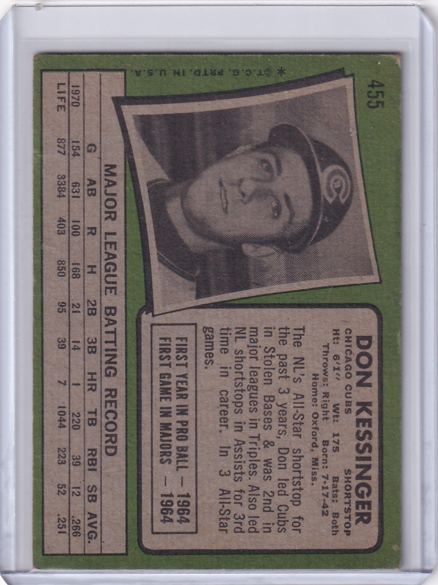 Vintage Topps Baseball card of Don Kessinger from the Chicago Cubs in black-and-white