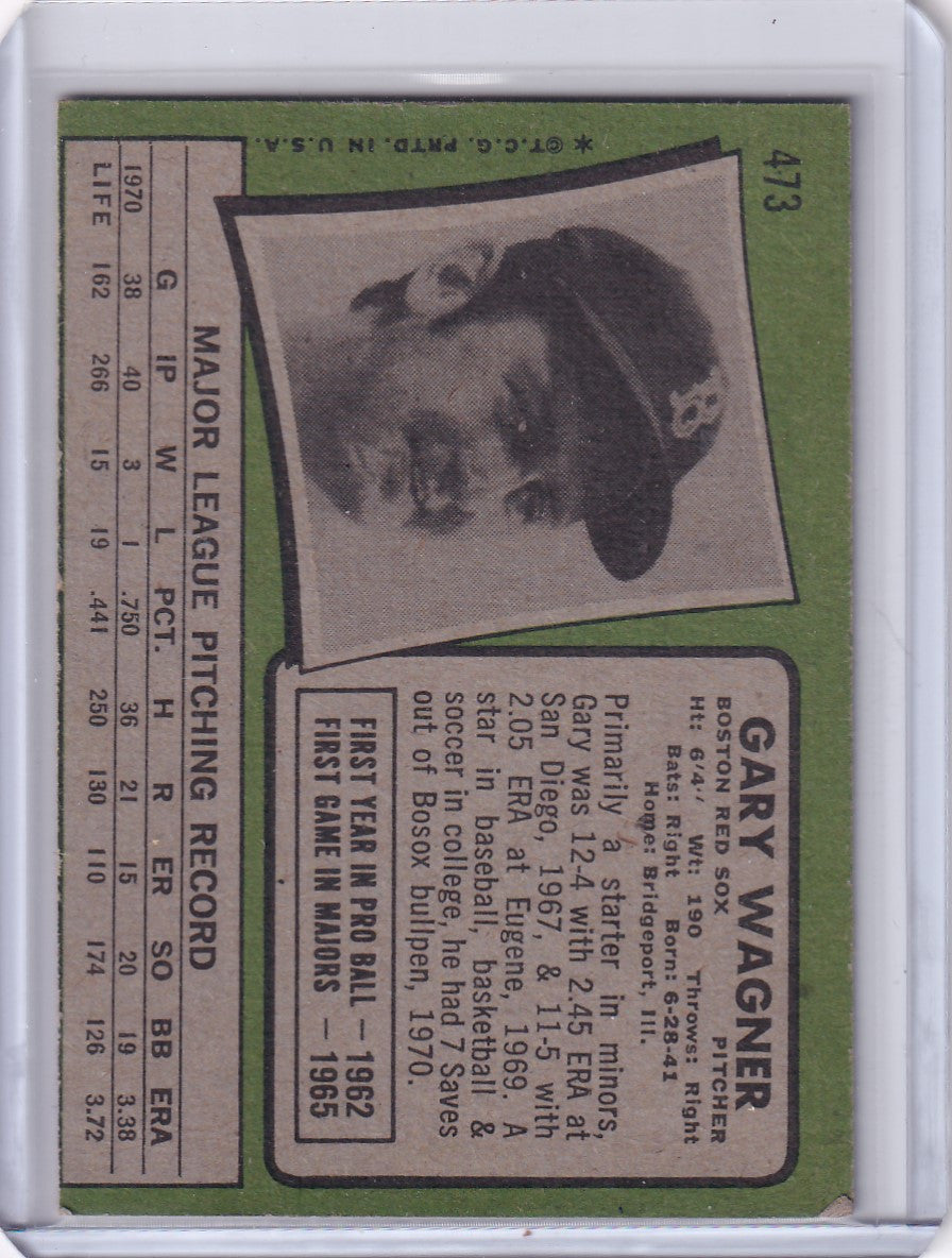 Baseball card of Gary Wagner, Boston Red Sox, from 1971 Topps Baseball series