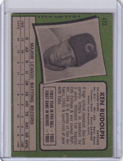 Black and white portrait baseball card of Ken Rudolph for the Chicago Cubs by Topps Baseball