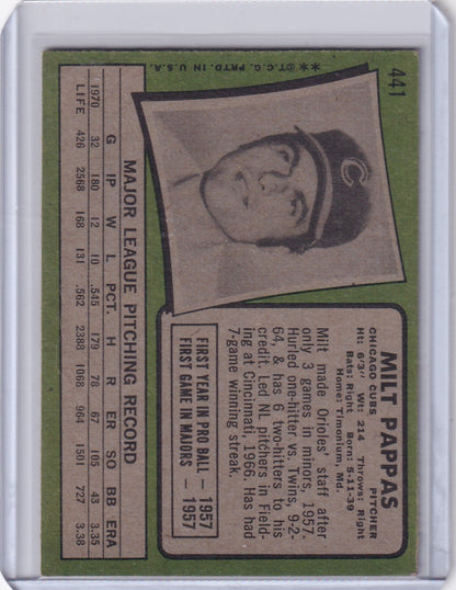 1971 Topps Baseball card of Milt Pappas, player for the Chicago Cubs