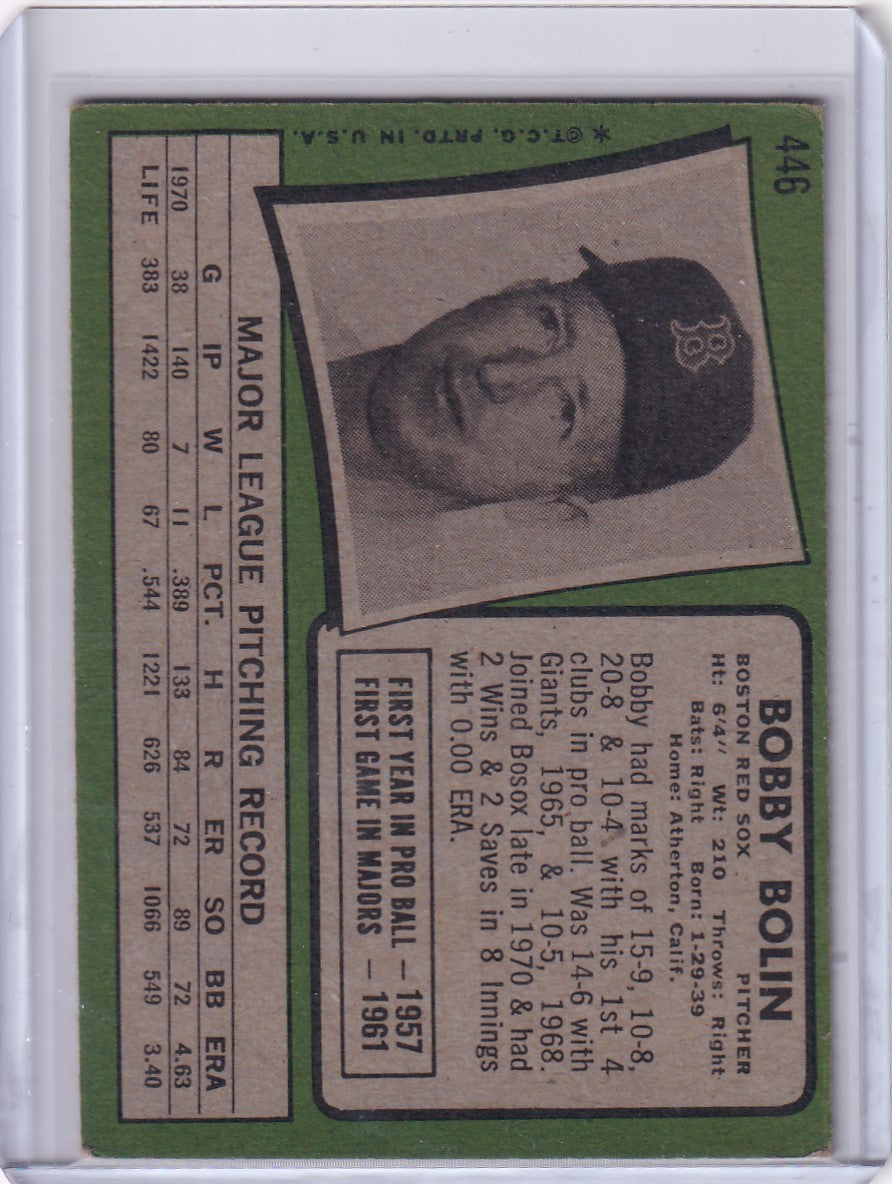 Baseball card of Bobby Bolin from the Boston Red Sox in 1971 Topps Baseball series