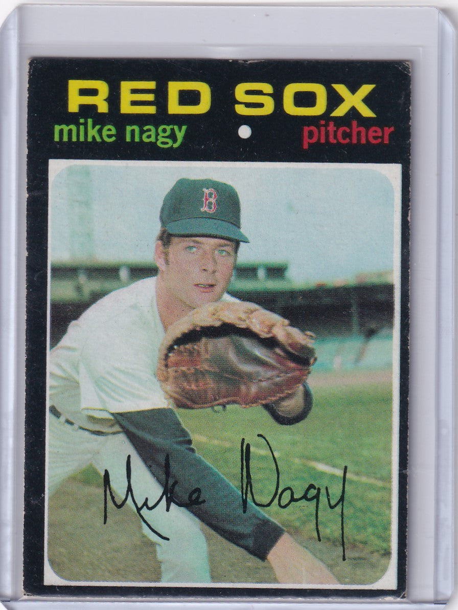 Baseball card of Mike Nagy pitching for the Boston Red Sox in Topps Baseball 1971