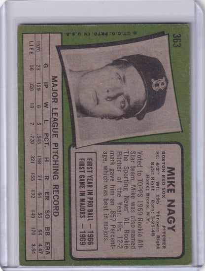 Baseball card of Mike Nagy from 1971 Topps Baseball featuring Boston Red Sox cap