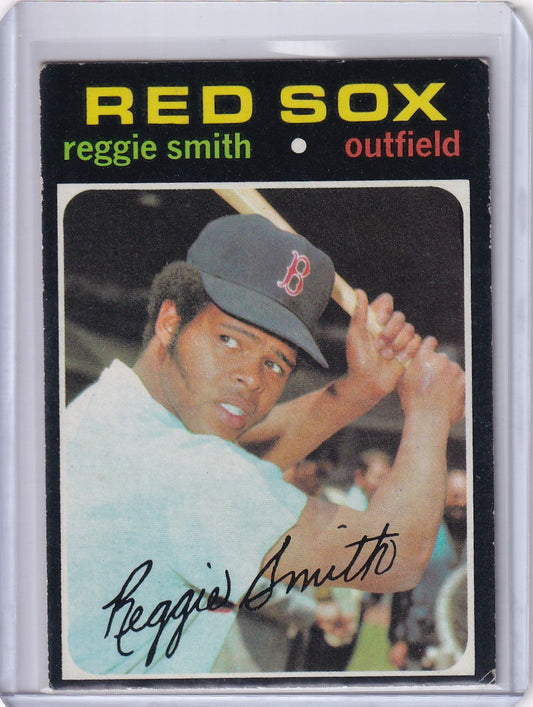 Baseball card of Reggie Smith in batting pose for Boston Red Sox Topps Baseball