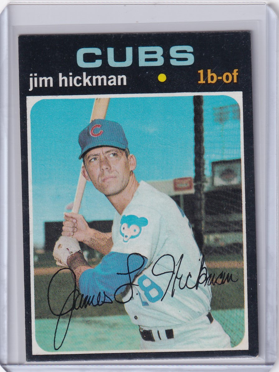 Baseball card of Jim Hickman in batting stance for Topps Baseball Chicago Cubs