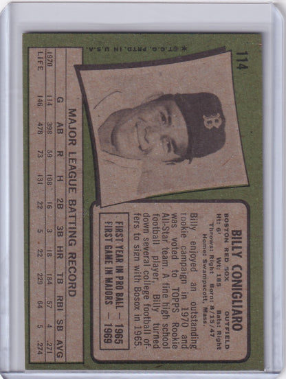 Baseball card of Billy Conigliaro smiling in cap for Topps Baseball Boston Red Sox