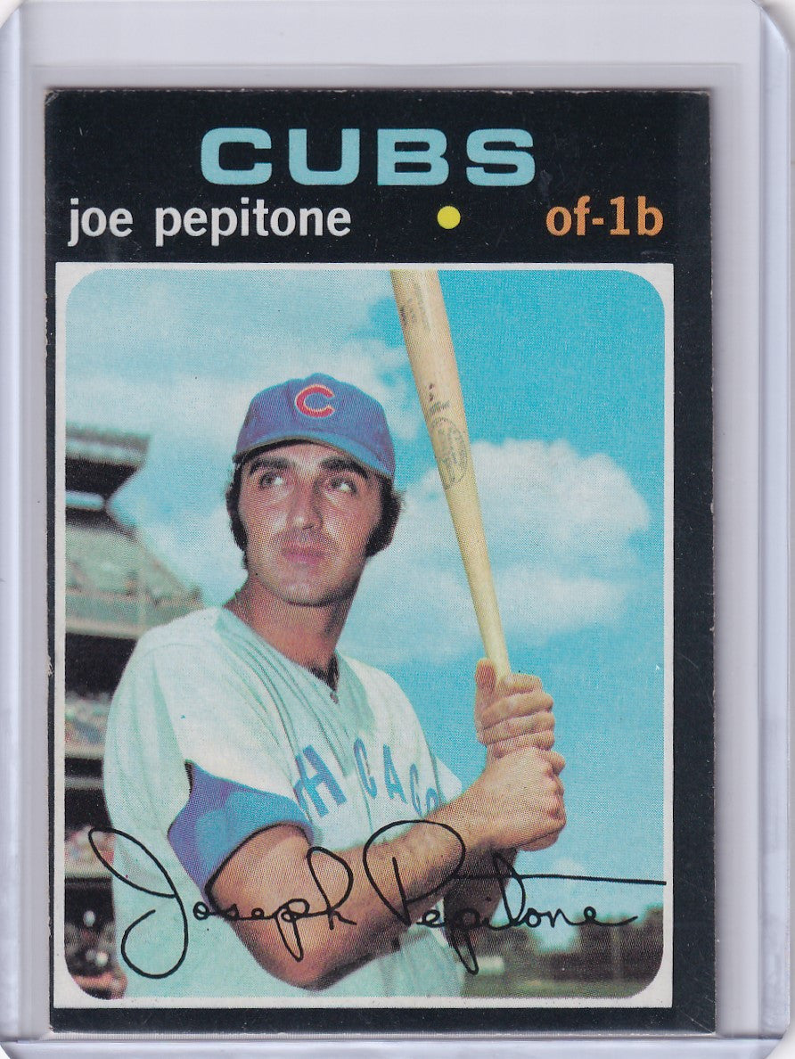 1971 Topps Baseball card of Joe Pepitone, Chicago Cubs player with bat and blue sky