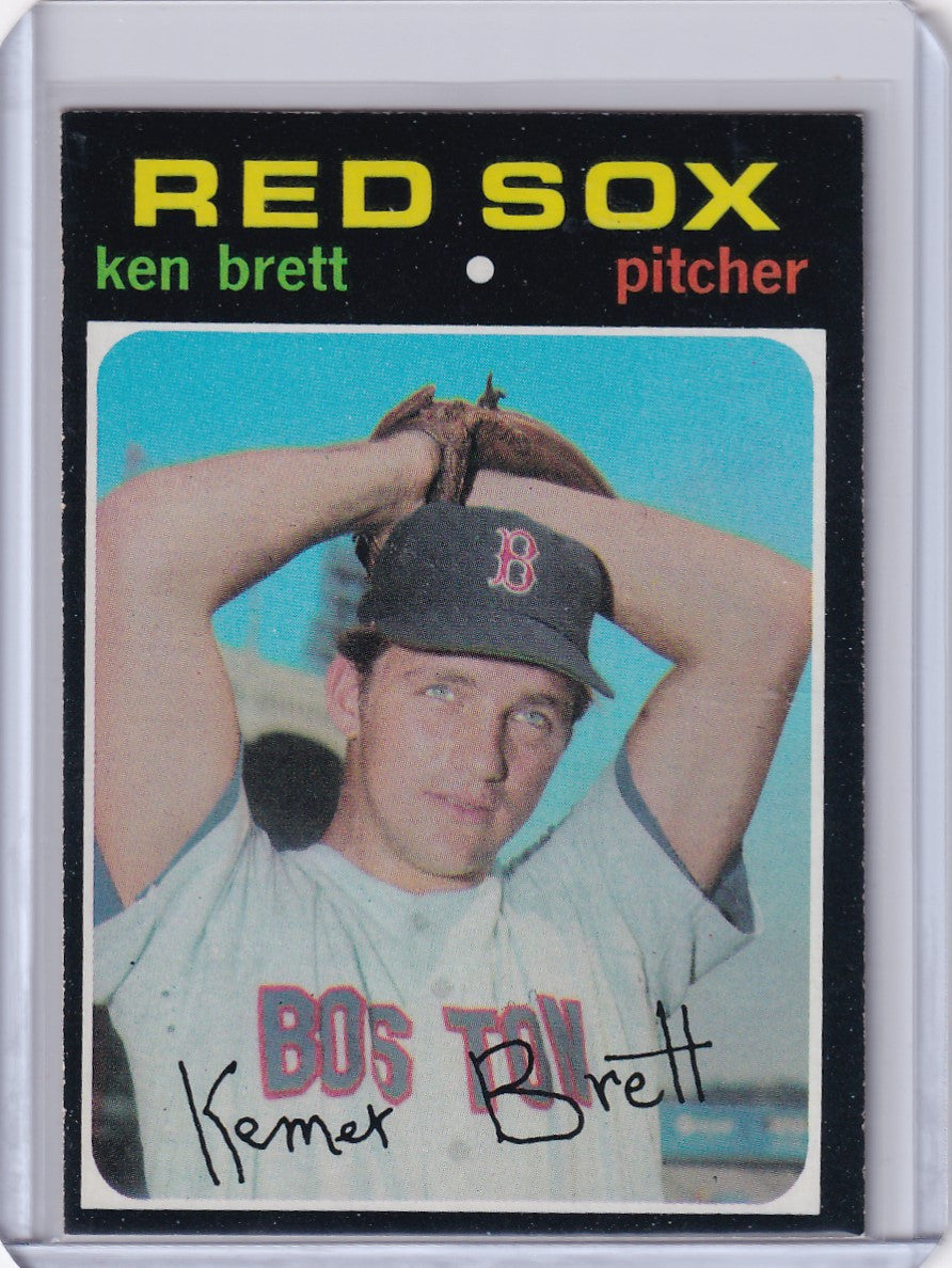 Baseball card of Ken Brett in pitching pose for Boston Red Sox by Topps Baseball