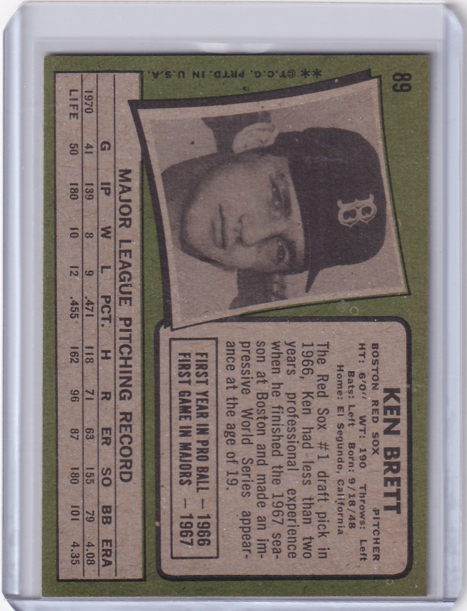 Vintage Topps Baseball card of Ken Brett with Boston Red Sox cap and portrait