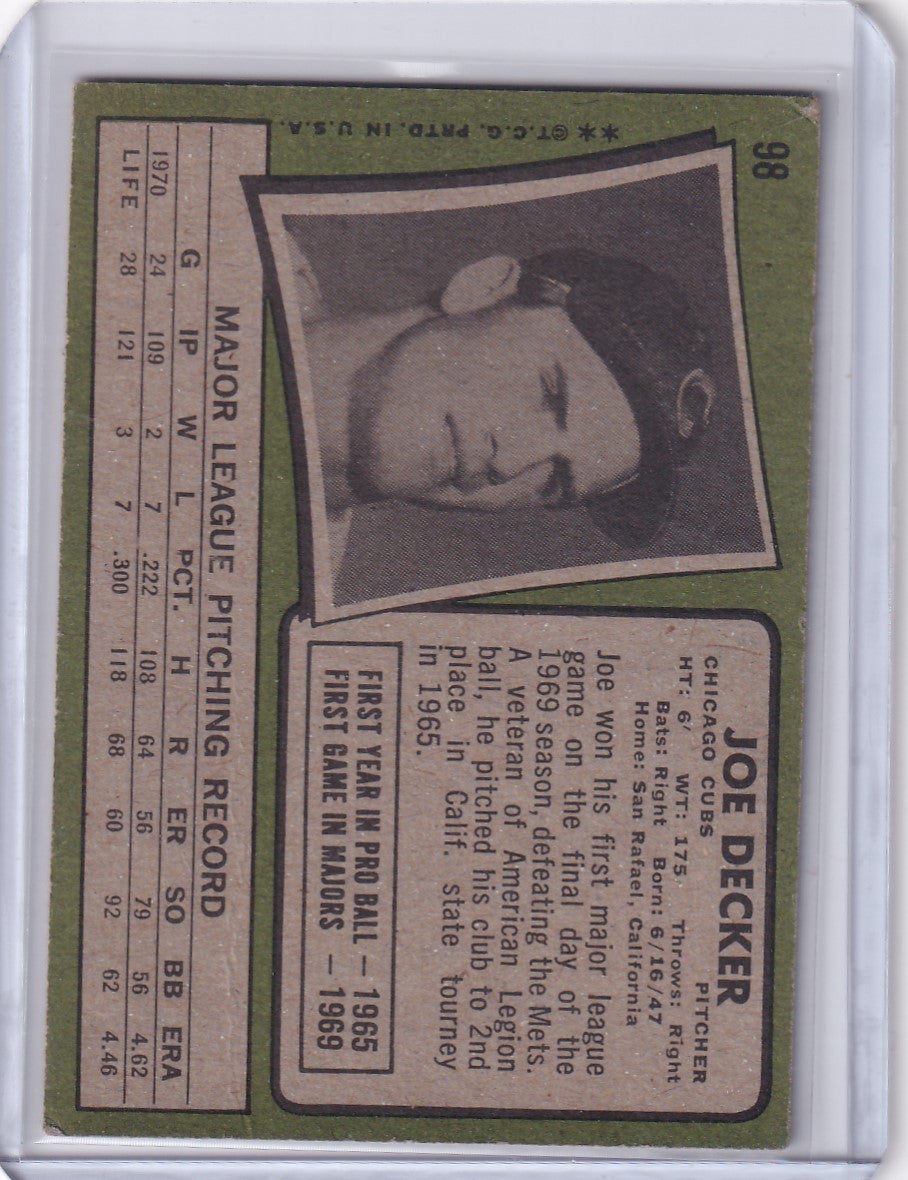 Vintage Topps Baseball card featuring Joe Decker from the Chicago Cubs RC