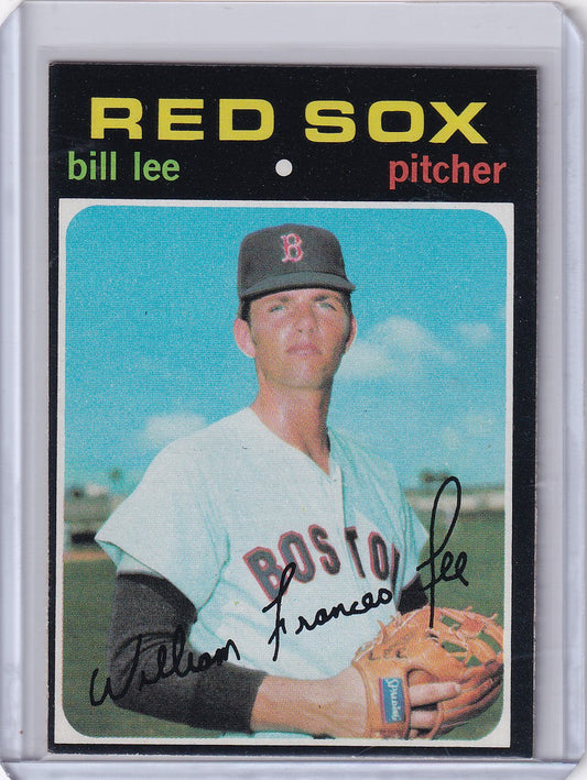 1971 Topps Baseball card of Boston Red Sox pitcher Bill Lee in white uniform