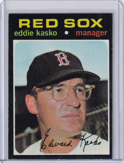 Baseball card of Eddie Kasko, Boston Red Sox manager, from 1971 Topps Baseball