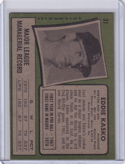 Baseball card of Eddie Kasko, Boston Red Sox player, from 1971 Topps Baseball series